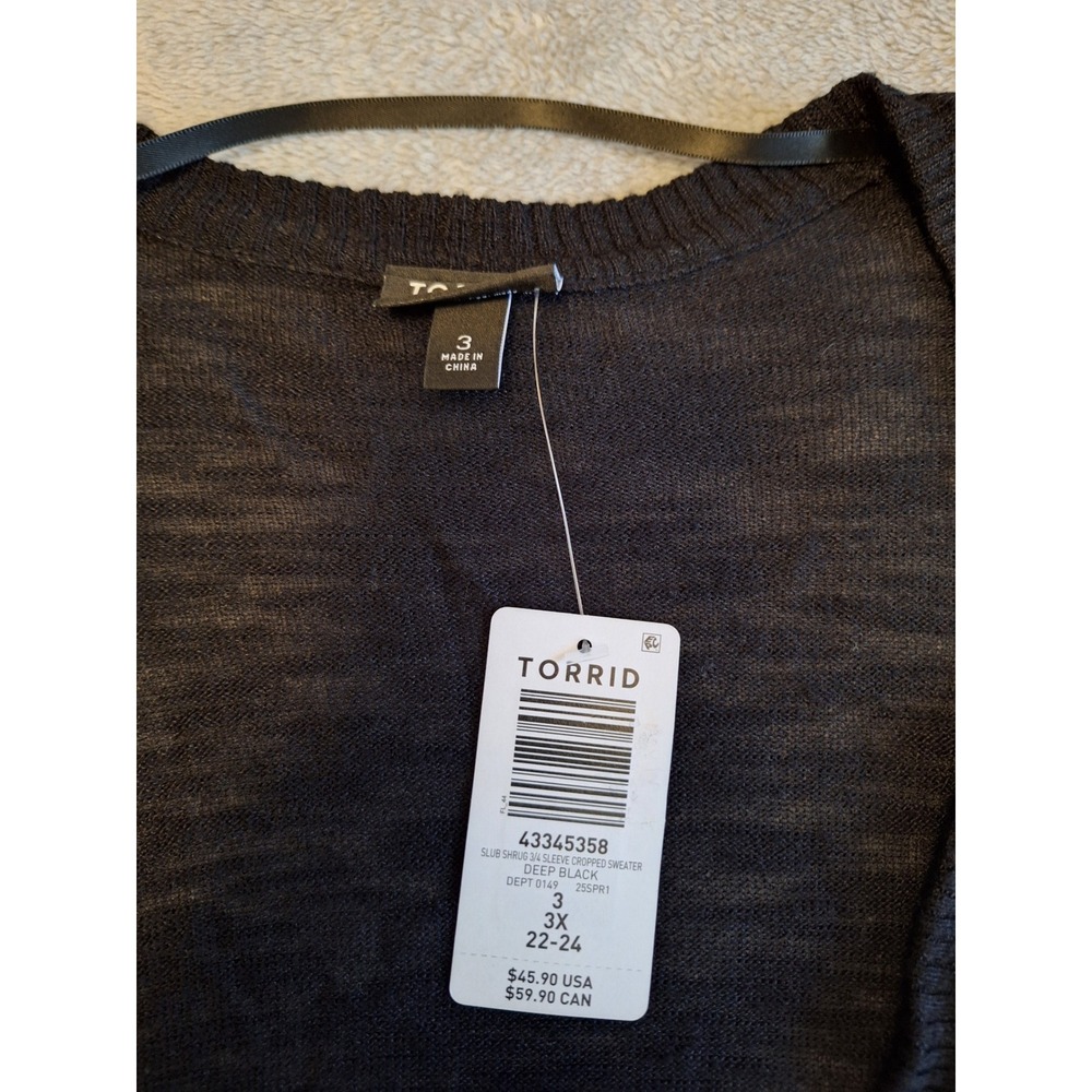Torrid Slub Shrug 3/4 Sleeve Cropped Sweater Deep Black Size 3 New With Tags - Picture 4 of 5